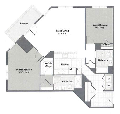 Floor Plan  A floor plan of a house with a balcony, living/dining area, guest bedroom, master bedroom, bathroom, kitchen, and walk-in closet.