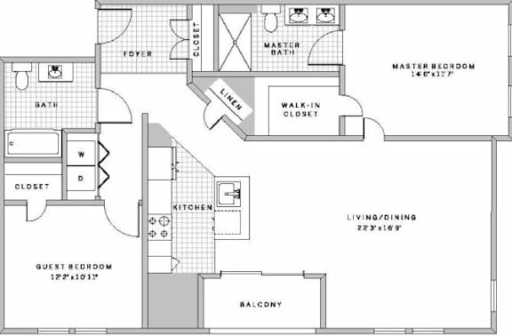 Floor Plan  A floor plan of a house with a living room, dining room, kitchen, and three bedrooms.