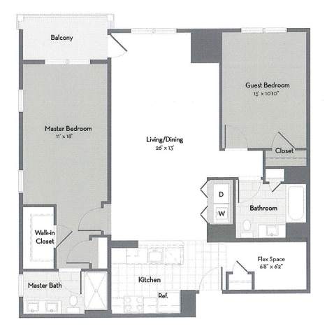 Floor Plan  A floor plan of a house with a master bedroom, a guest bedroom, a living/dining area, a kitchen, a bathroom, a walk-in closet, and a master bath.