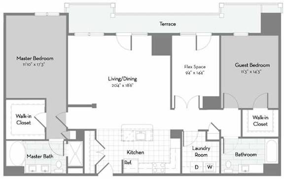 Floor Plan  A floor plan of a house with a master bedroom, guest bedroom, and a living area.