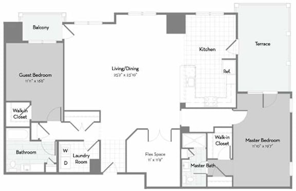 Floor Plan  A floor plan of an apartment with a guest bedroom, laundry room, and a master bedroom with a master bath.