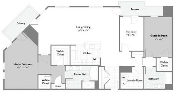 Floor Plan  A floor plan of a house with a master bedroom and a guest bedroom.