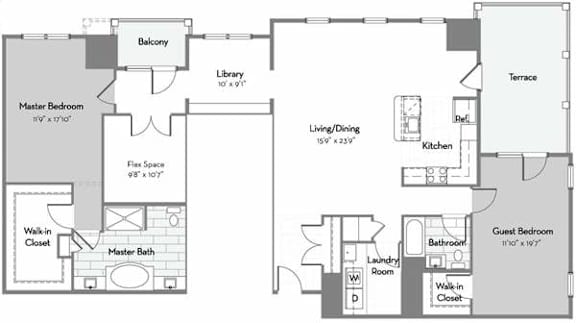 Floor Plan  A floor plan of a house with a master bedroom, library, and a terrace.