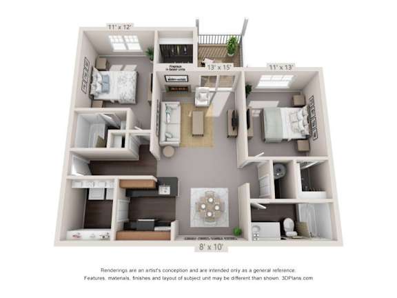 Floor Plan  A 3D floor plan of a small apartment with two bedrooms, a living room, and a kitchen.