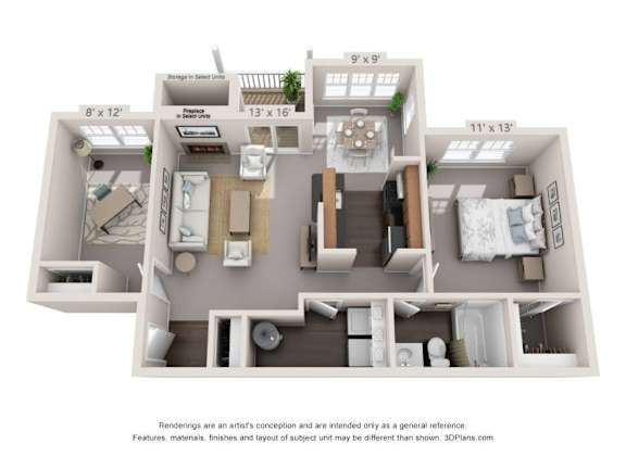 Floor Plan  A 3D floor plan of a small apartment with a kitchen, living room, and two bedrooms.
