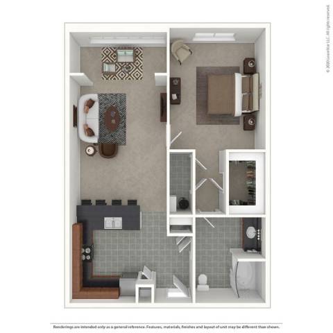Floor Plan  A floor plan of a small apartment with a kitchen, living room, and bathroom.