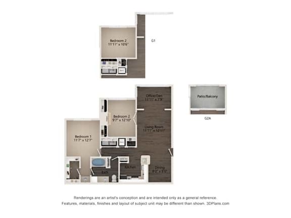Floor Plan  A diagram shows the layout of a two bedroom apartment.