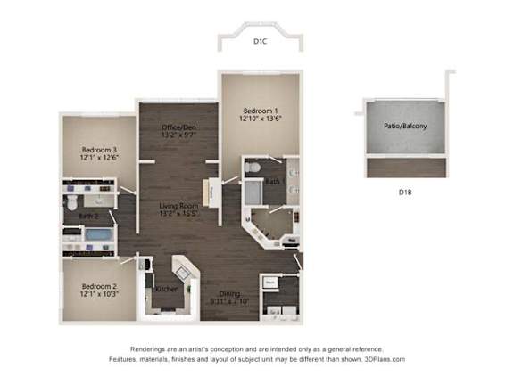 Floor Plan  A floor plan of a home with a living room, two bedrooms, a bathroom, a kitchen, and a dining area.