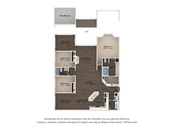 Floor Plan  A floor plan of a house with a garage, office, and three bedrooms.
