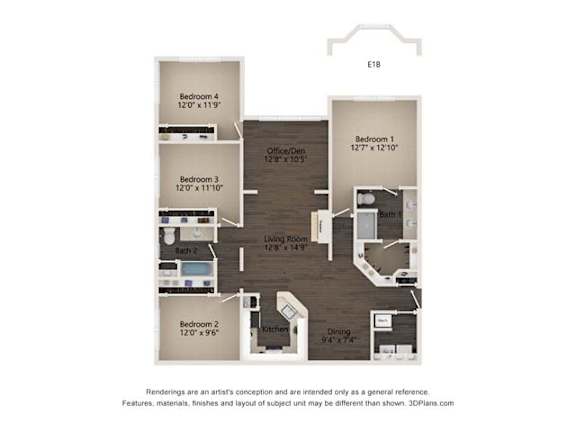 Floor Plan  A floor plan of a home with five bedrooms and a den.