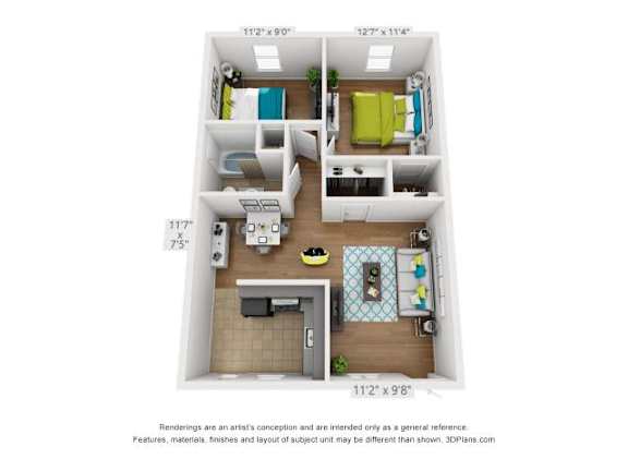 Floor Plan  A 3D floor plan of a small apartment with a kitchen, living room, and two bedrooms.