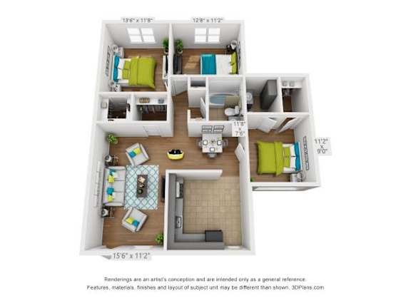 Floor Plan  A 3D floor plan of a two-bedroom apartment.