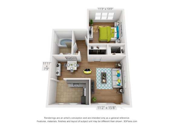 Floor Plan  A 3D floor plan of a small apartment with a kitchen, living room, and bathroom.