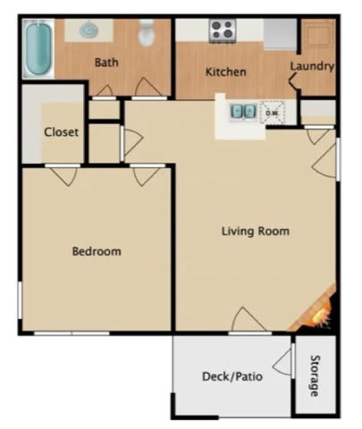 Floor Plan  A floor plan of a house with a bedroom, living room, kitchen, and bathroom.