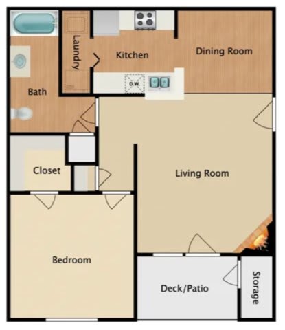 Floor Plan  A floor plan of a house with a kitchen, dining room, living room, bedroom, bathroom, closet, deck/patio, and storage.