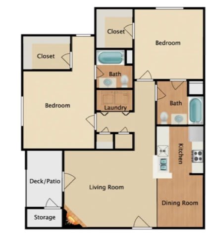 Floor Plan  A floor plan of a house with a living room, dining room, kitchen, two bedrooms, two bathrooms, a closet, and storage.