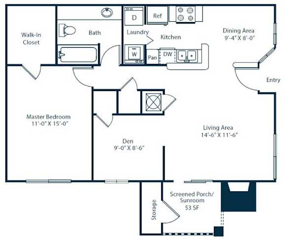 Floor Plan  A floor plan of a house with a living area, dining area, kitchen, bathroom, and two bedrooms.