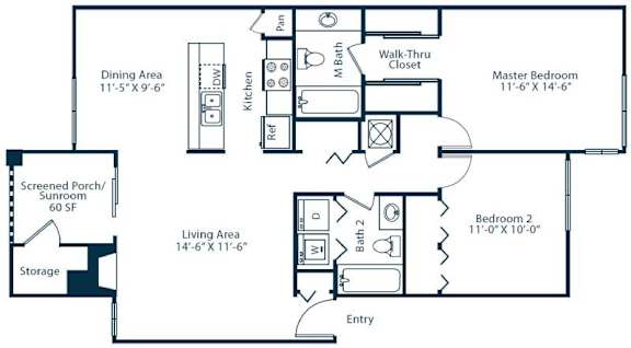 Floor Plan  A floor plan of a home showing a living area, dining area, kitchen, two bathrooms, a walk-thru closet, and two bedrooms.