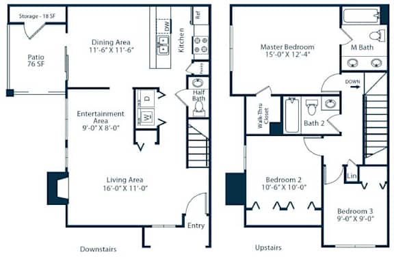 Floor Plan  A floor plan shows two bedrooms, two bathrooms, a living area, a dining area, and a patio.