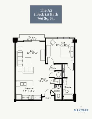 Floor Plan  A floor plan for a 1 bedroom, 1.5 bath apartment that is 796 square feet.