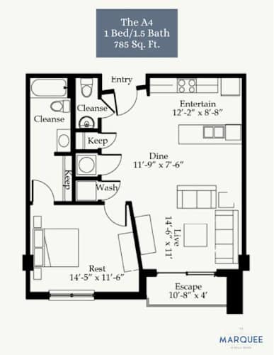 Floor Plan  A black and white image of a floor plan for a 1 bedroom apartment.