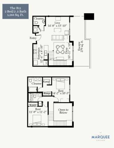 Floor Plan  A floor plan for a 2 Bed/2.5 Bath condo sized at 1,284 square feet.