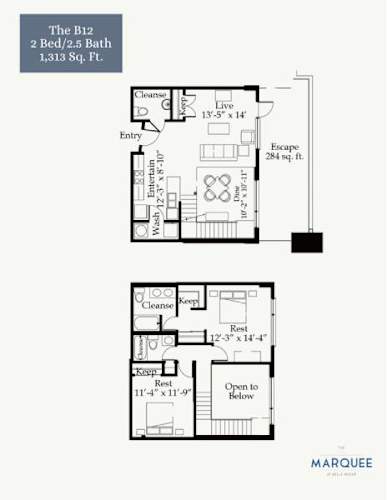 Floor Plan  A floor plan for a 2 Bed/2.5 Bath apartment sized at 1,313 square feet.