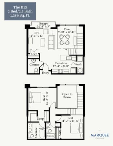 Floor Plan  A floor plan for a 2 bedroom, 2.5 bath apartment sized at 1,286 square feet.