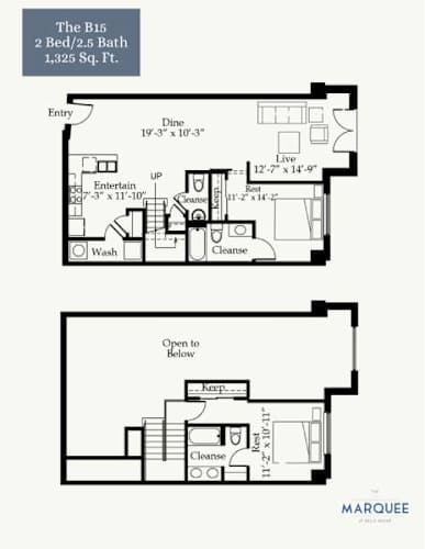 Floor Plan  A floor plan for a 2 bedroom, 2.5 bath apartment at The B15.