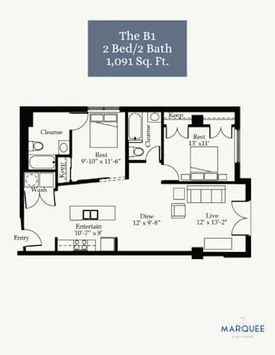 Floor Plan  A floor plan for a 2 Bed/2 Bath apartment sized at 1,091 square feet.