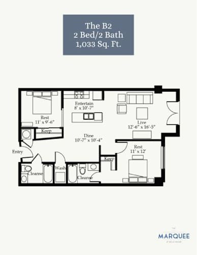 Floor Plan  A floor plan for a 2 Bed/2 Bath apartment sized at 1,033 square feet.