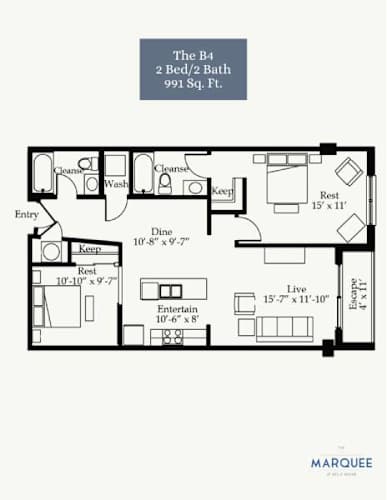 Floor Plan  A floor plan of a 2 bedroom, 2 bath apartment.