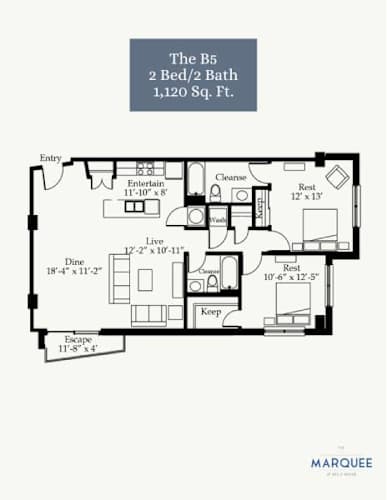 Floor Plan  A floor plan for a 2 bedroom, 2 bathroom apartment sized at 1,120 square feet.