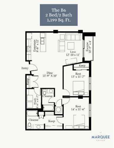 Floor Plan  A black and white image of a floor plan for a 2 bedroom, 2 bathroom apartment.
