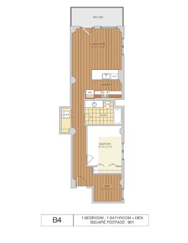 Floor Plan  A floor plan of a room labeled B4 with a 9x12 footage and includes a bedroom, bathroom, and den.