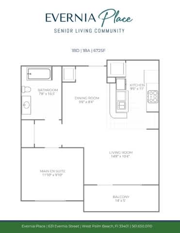 Floor Plan  A floor plan for Evernia Place, a senior living community, showing the layout of the main suite.
