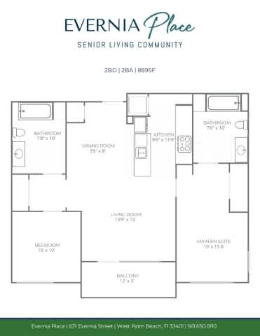 Floor Plan  A floor plan for Evernia Place, a senior living community, showing the layout of the rooms.