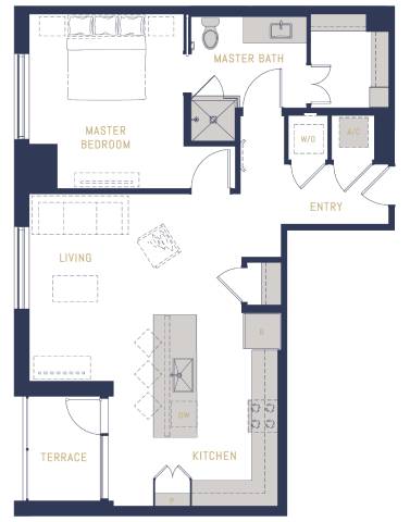 Floor Plan  A floor plan of a house with a master bedroom, a master bath, a living room, a terrace, a kitchen, and an entry.