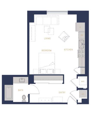 Floor Plan  A floor plan of a house with a living room, bedroom, kitchen, bathroom, and entry.