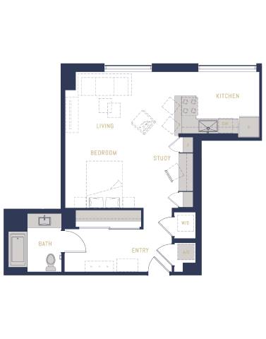 Floor Plan  A floor plan of a house with a kitchen, living room, study, bathroom, and entry.