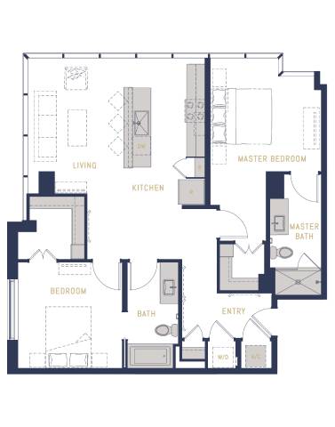 Floor Plan  A floor plan of a house with a living room, kitchen, two bedrooms, and a master bedroom with bath.