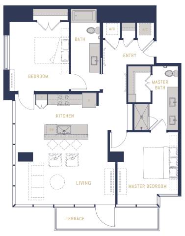 Floor Plan  A floor plan of a house with a living room, kitchen, master bedroom, and bathrooms.