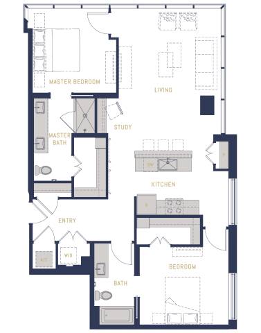 Floor Plan  A floor plan of a house with a master bedroom, study, kitchen, and two bathrooms.