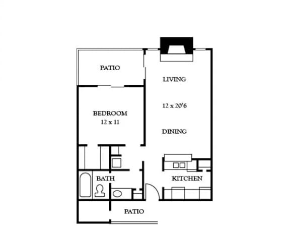 Floor Plan  A floor plan of a small apartment with a living room, bedroom, dining room, kitchen, and two patios.