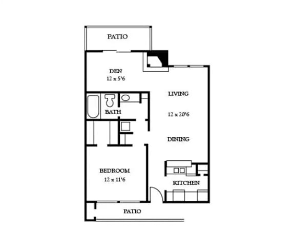 Floor Plan  A floor plan of a house with a den, bathroom, dining room, kitchen, and bedroom.