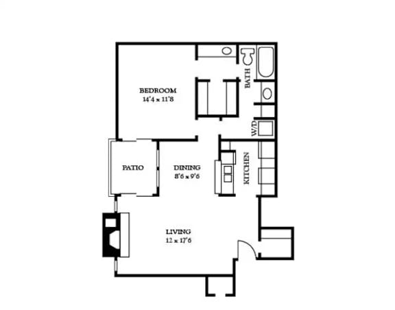 Floor Plan  A black and white image of a floor plan for a home with a bedroom, patio, and living room.