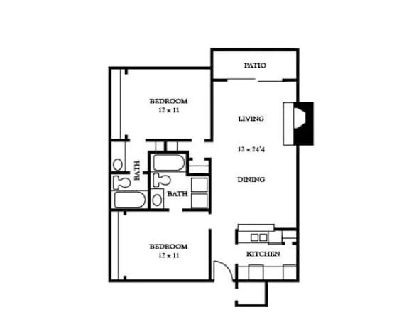 Floor Plan  A black and white floor plan of a house with a living room, dining room, kitchen, and two bedrooms.