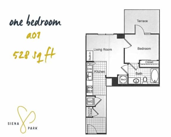 Floor Plan  A floor plan of a one bedroom apartment at Siena Park.