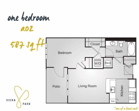 Floor Plan  A floor plan of a one bedroom apartment with a living room, kitchen, bath, and patio.