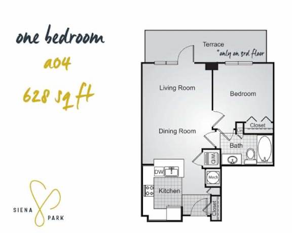 Floor Plan  A floor plan of a one bedroom apartment sized at 628 sq ft.